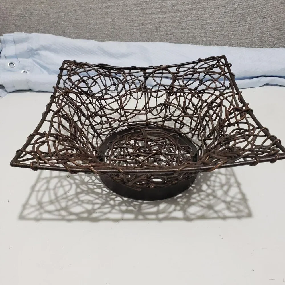 Brown Square Woven Bentwood Vine Branch Basket Over Metal Frame 11